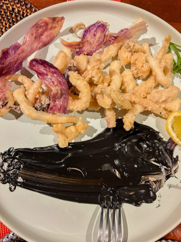 Calamares with Sweet potato Chips and Squid Ink Mayo